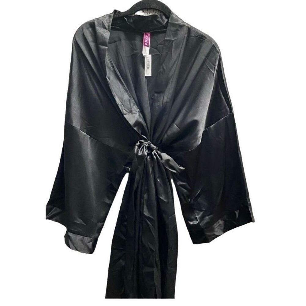 Adore me NWT women’s black satin belted, short robe, size small